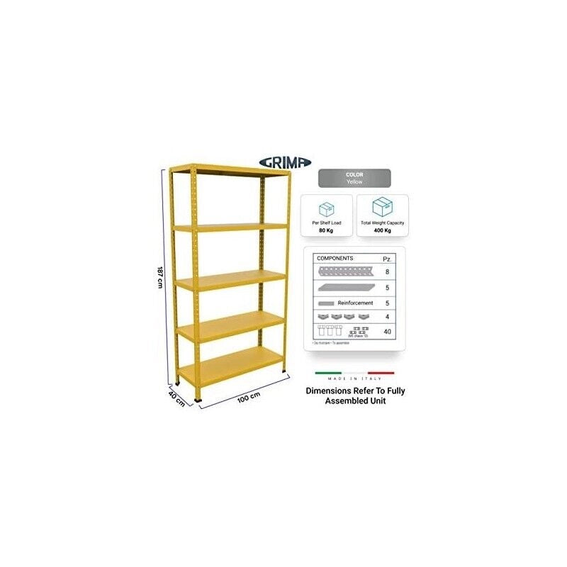 SCAFFALE IN METALLO GIALLO ETTORE KIT BULLONI 100 X 40 X H 187 CM 5 RIPIANI