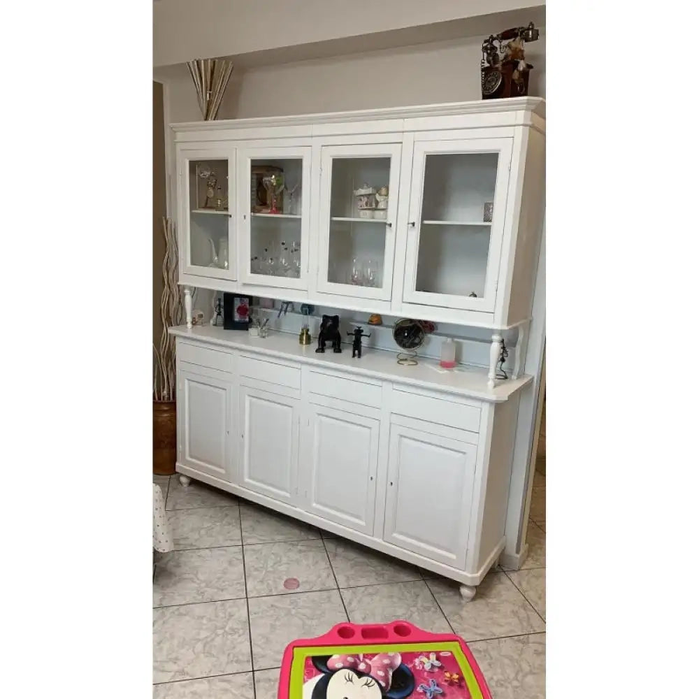 Cristalliera 8 ante 4 cassetti  arte povera, in legno massello e mdf con rifinitura in bianco 196X43X218 H