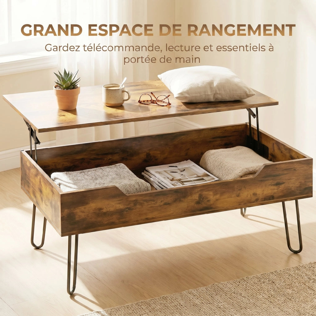 Tavolino da caff¨¨ in legno con ripiano nascosto ¨C zephmum ¨C 95x50x40 cm, marrone rustico