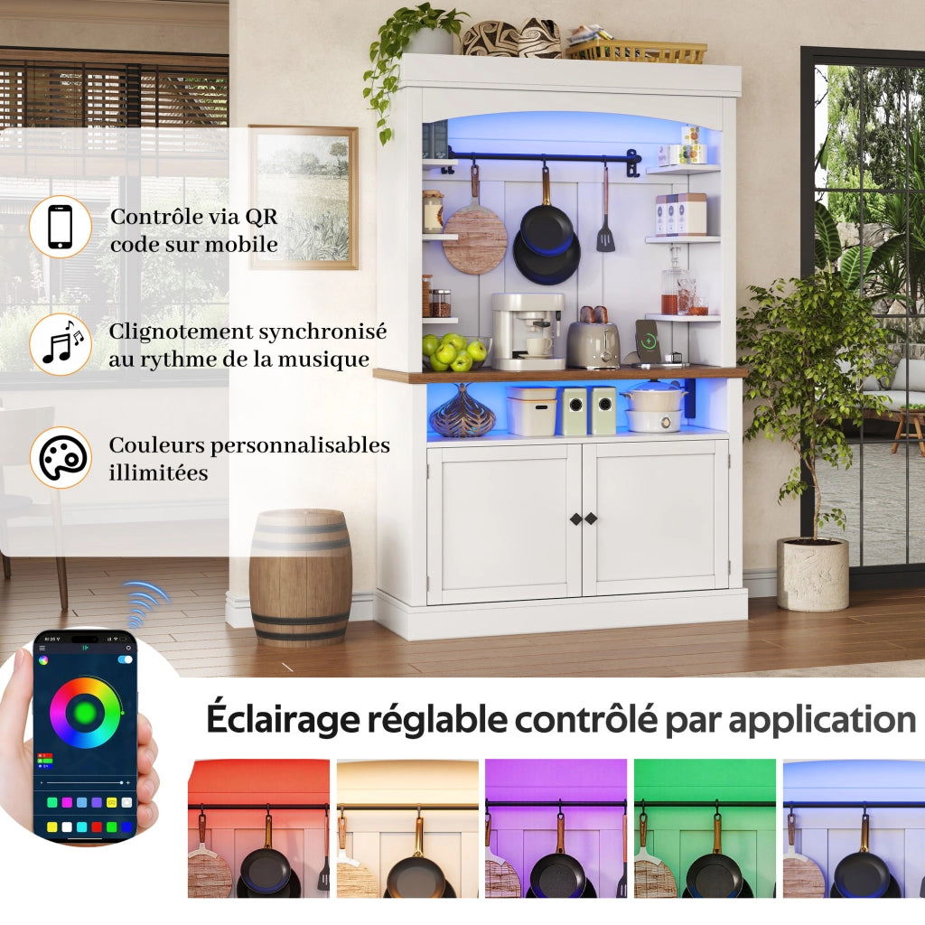 Dispensa alta con ripiani, LED RGB e presa integrata in MDF bianco per cucina e soggiorno 106 × 43 × 183 cm