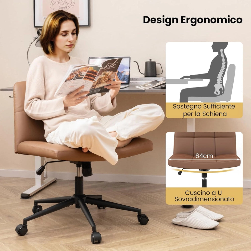 Sedia da Ufficio con Ruote, Sedia Scrivania a Gambe Incrociate Rivestita in Similpelle, Sedia Ufficio con Altezza e Regolabile Regolabile, Sedia senza Braccioli, Portata 150 kg (Marrone)