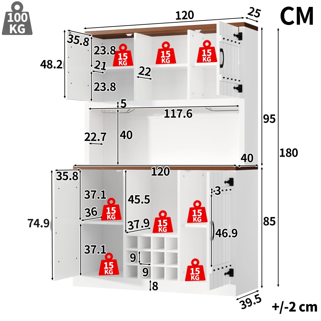 Credenza alta con LED RGB, 2 ante e vano aperto, ripiani regolabili, per cucina e soggiorno, bianco, 120 × 40 × 180 cm