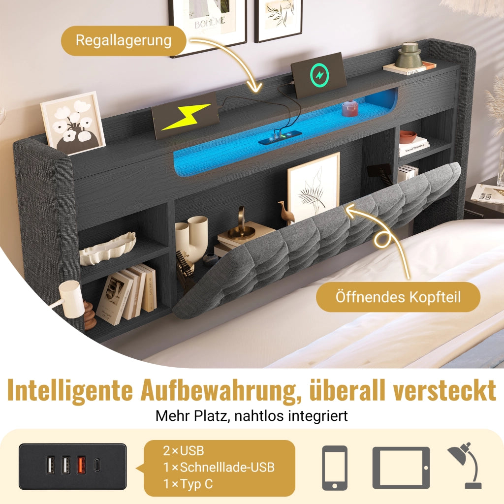Letto contenitore matrimoniale 140 × 200 cm con LED, USB e Type-C, testiera con ripiani, senza materasso, grigio
