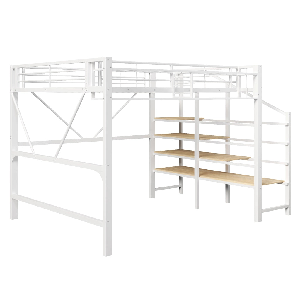 Letto a soppalco 140x200 cm in metallo e MDF con scala a ripiani; LED; bianco