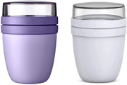 Lunchbox Ellittica Mista | Vivido Lillacino + Grigio Freddo | Contenitore per Muesli da Viaggio | Diviso per Yogurt & Muesli | 500 ml + 200 ml | Adatto per congelatore, forno a microonde e lavastoviglie