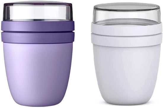 Lunchbox Ellittica Mista | Vivido Lillacino + Grigio Freddo | Contenitore per Muesli da Viaggio | Diviso per Yogurt & Muesli | 500 ml + 200 ml | Adatto per congelatore, forno a microonde e lavastoviglie