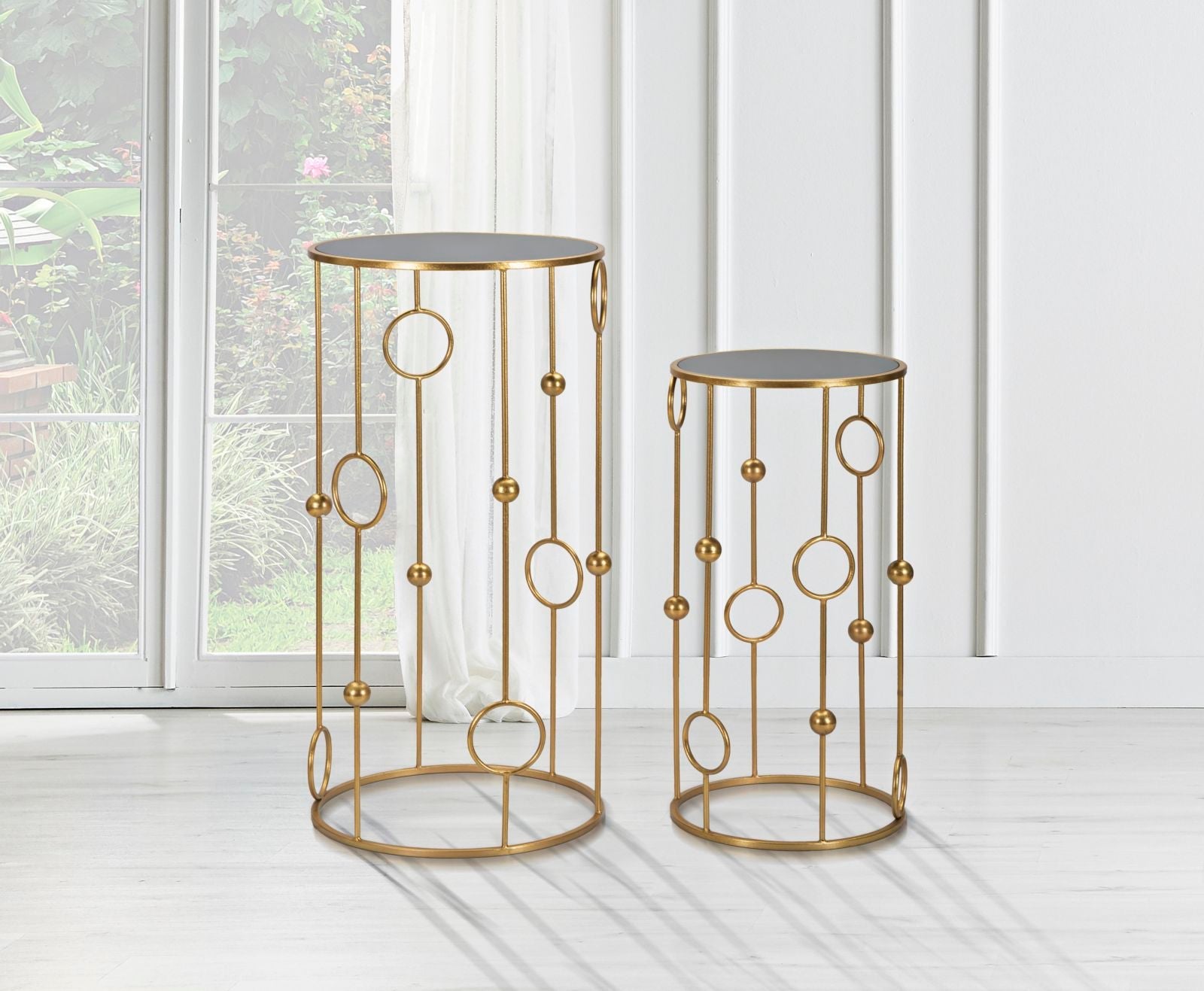 Set 2 Tavolini Cage Ø50 cm e Ø40 cm in Ferro e MDF Oro