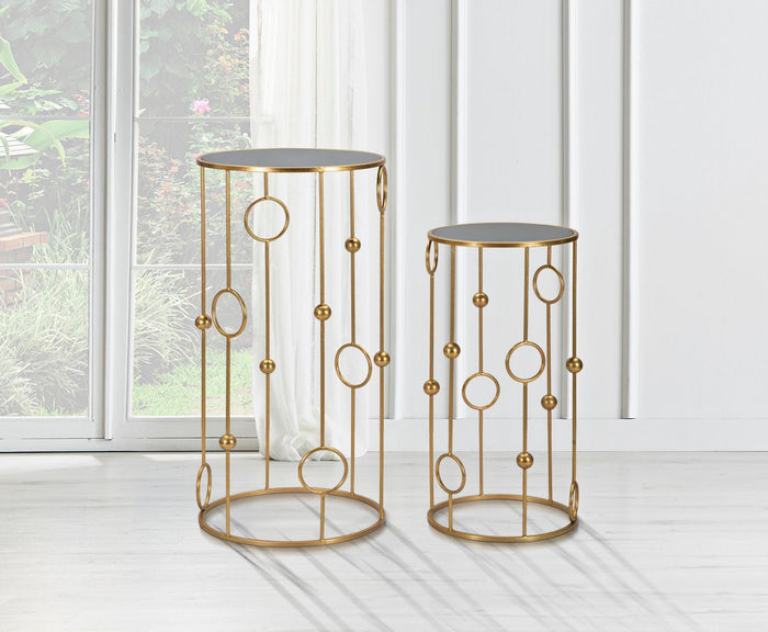 Set 2 Tavolini Cage Ø50 cm e Ø40 cm in Ferro e MDF Oro