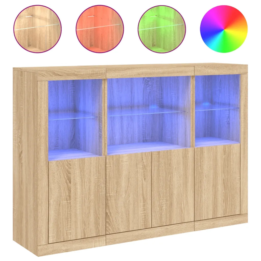 Credenze con Luci LED 3 pz | Madia | Buffet da pranzo | Armadio da pranzo Rovere Sonoma in Legno Multistrato