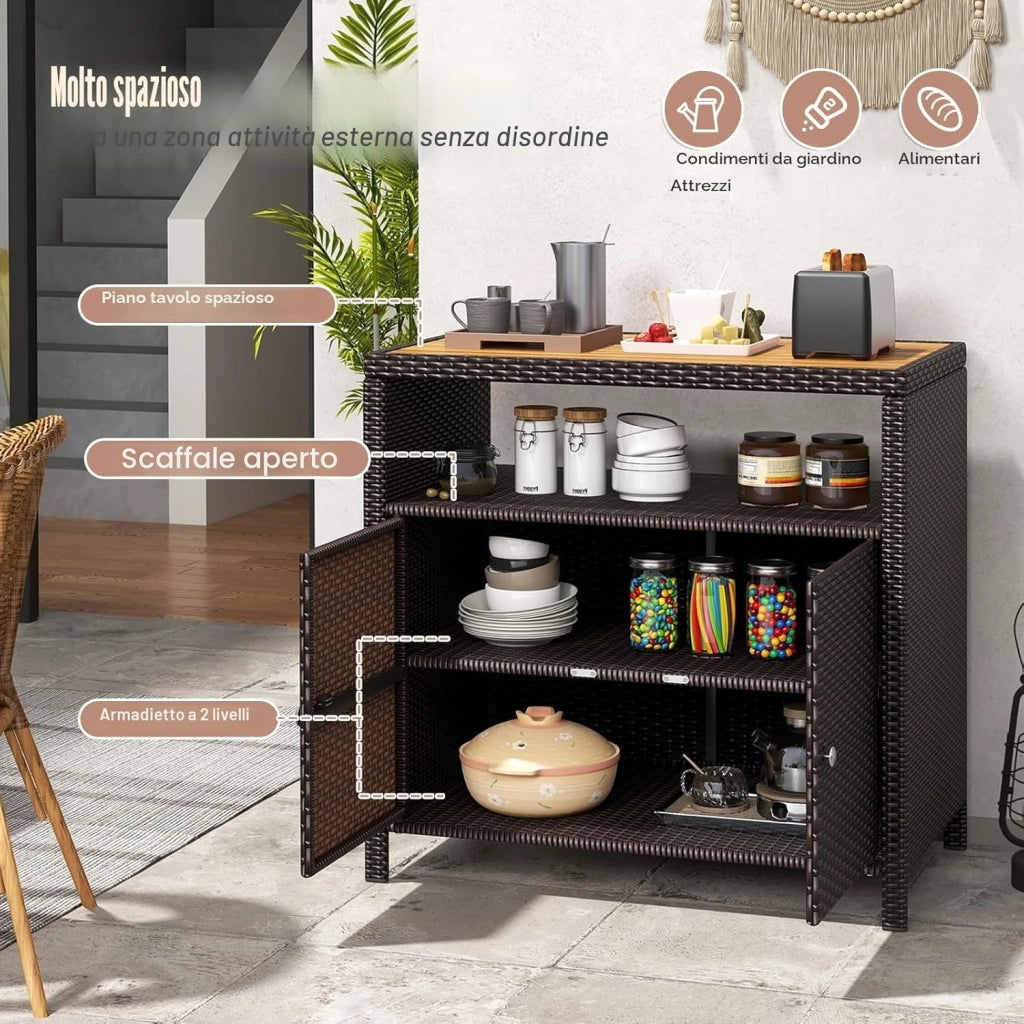 Armadio da Esterno Impermeabile in Rattan, Armadietto Basso con Piano di Lavoro in Legno e Ripiano Aperto, Credenza da Cucina, Balcone, Giardino, Corridoio, 90 x 53 x 86 cm (Marrone)