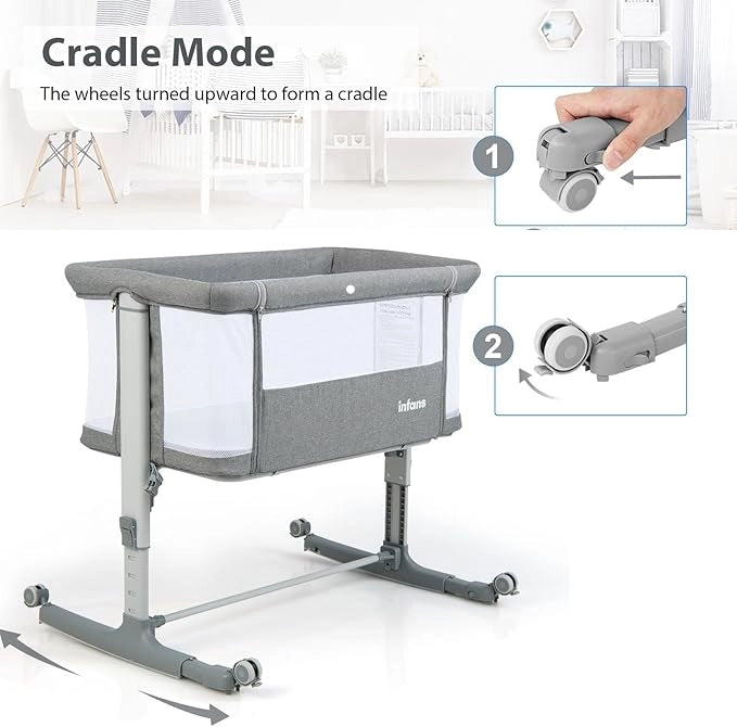 3 in 1 Culla Neonato Fianco Letto, Lettino Neonato Dondolo con Materasso, Culla Co-Sleeping Fino a 9 kg, Altezza Regolabili, 84 x 59,5 x 80,5cm (Grigio)