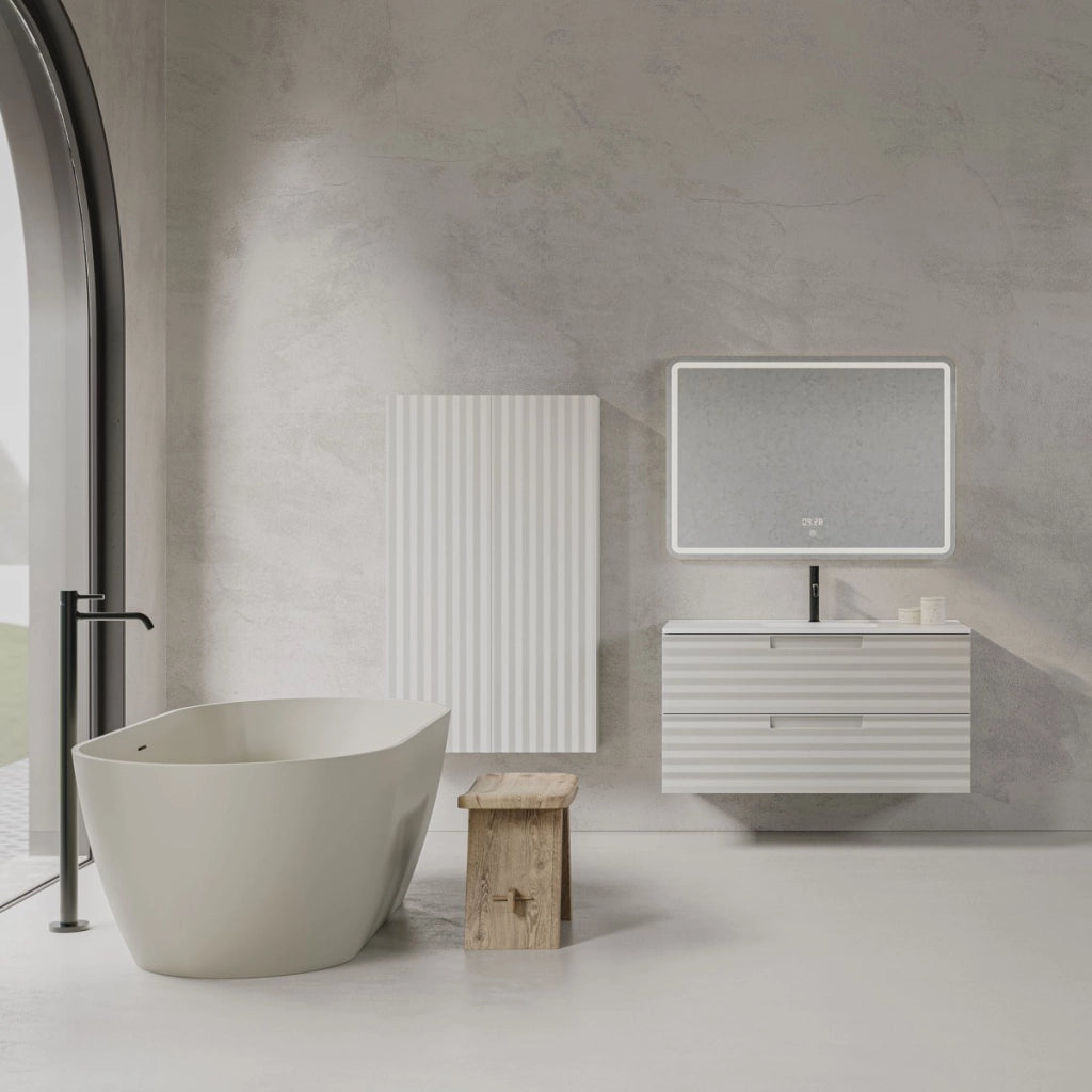Mobile bagno sospeso 100cm bianco ondulato zen, selezione accessori con specchio