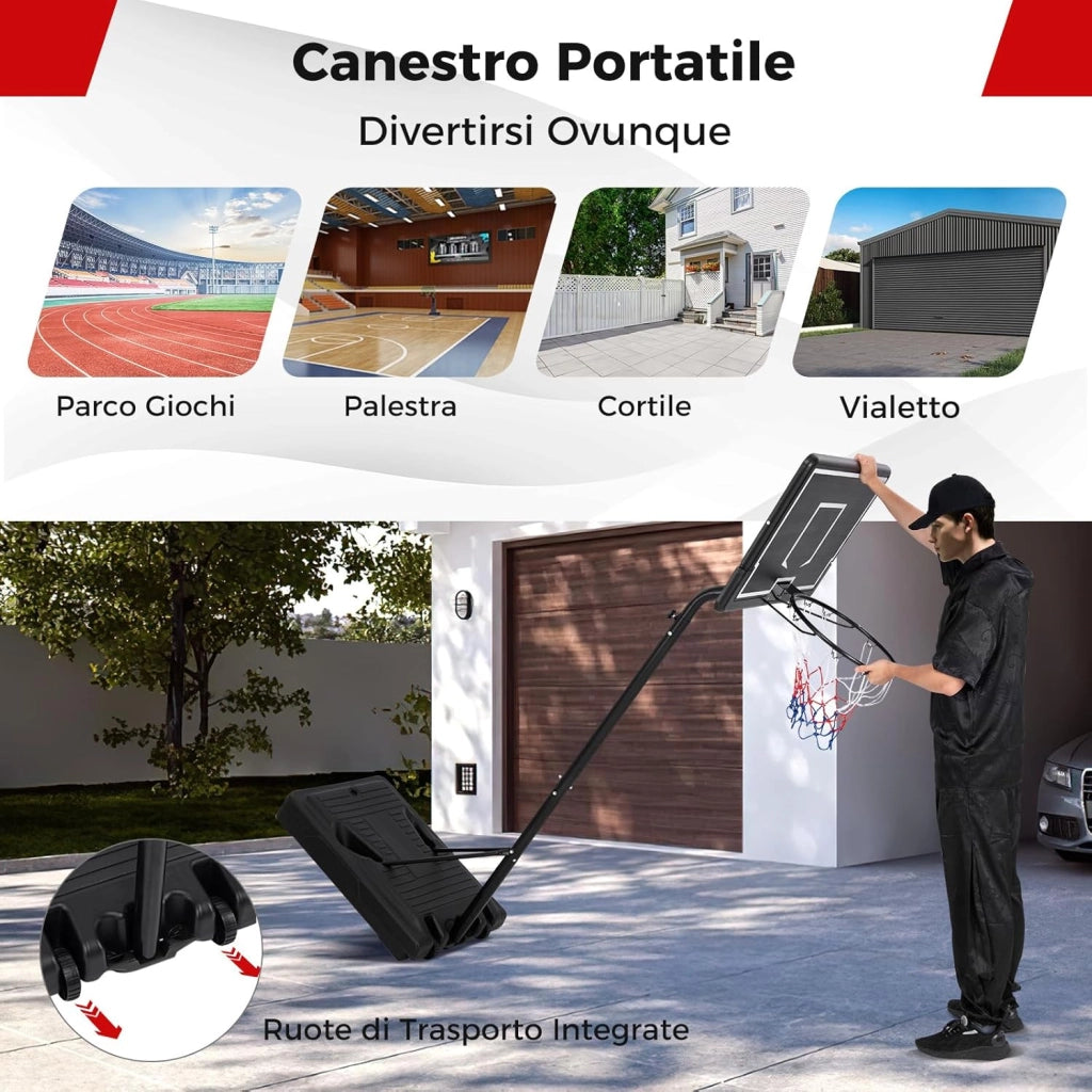 Canestro da Basket Portatile e Regolabile da 2,1 a 2,6 m, Canestro da Basket da Interno e Esterno con Base Riempibile, Tabellone in Policarbonato Antiproiettile e Ruote