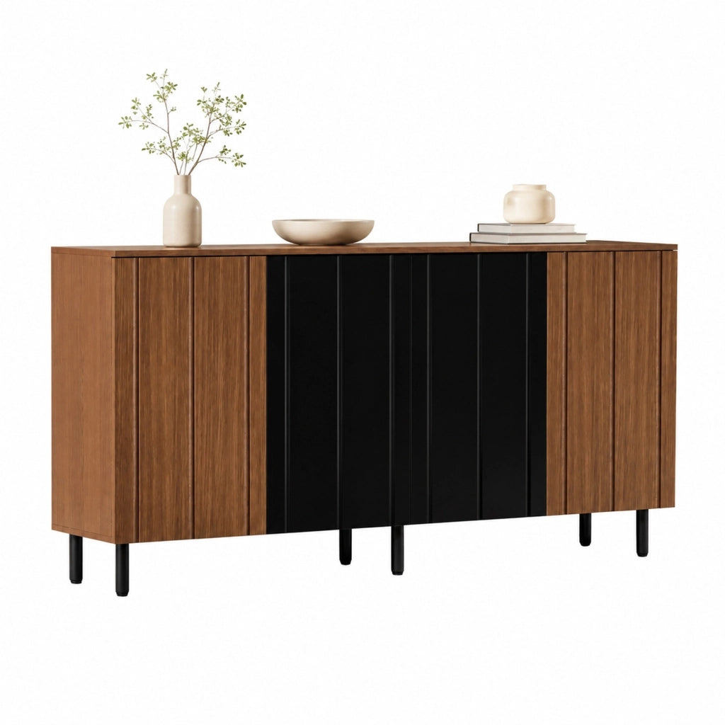 Credenza con 4 ante e ripiani regolabili; ante scanalate e gambe in metallo; per sala da pranzo e cucina; 160×35×80 cm
