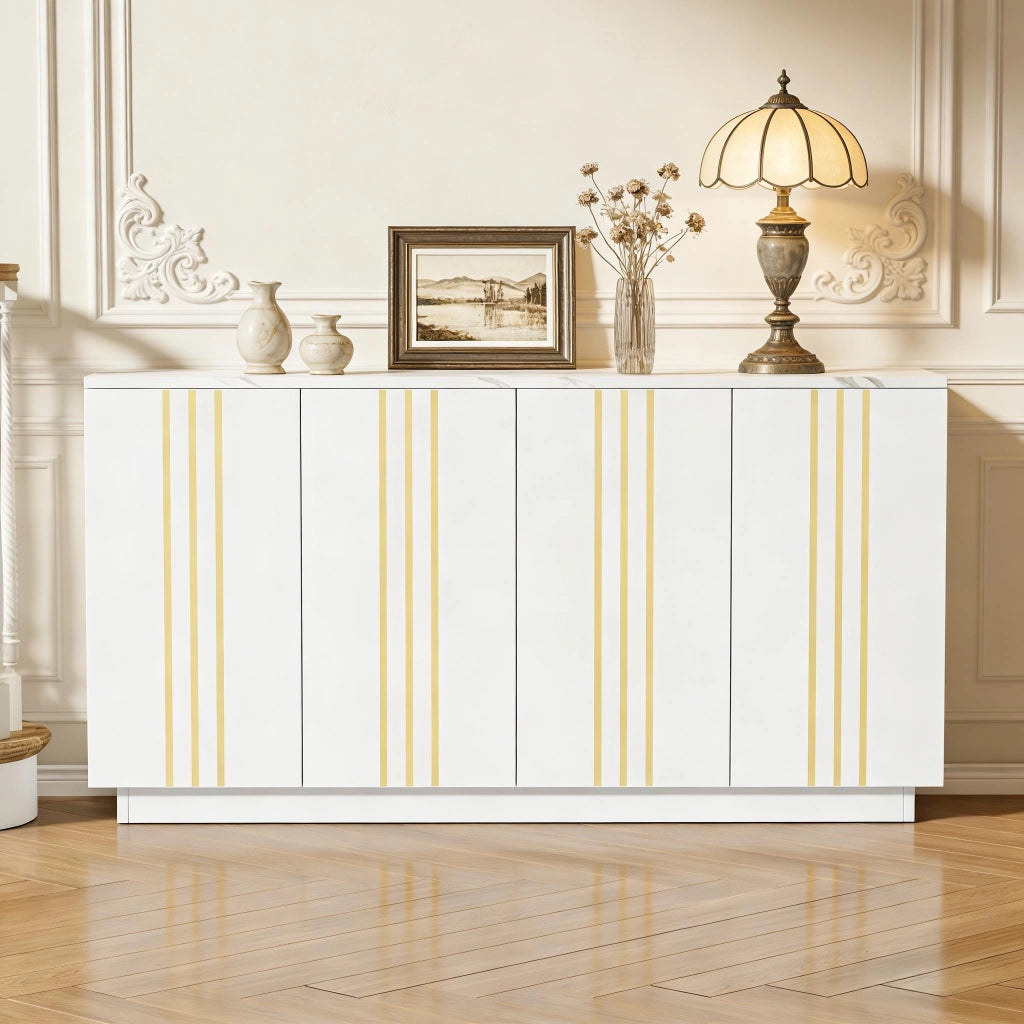 Credenza con 4 ante e ripiani regolabili, per soggiorno e ingresso, in truciolare, bianco e oro, 35 × 140 × 70 cm