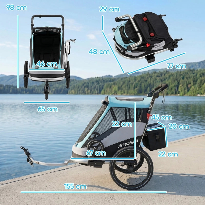 RIMORCHIO BAMBINI 2 in 1 pieghevole con 5 punti Light Blue in alluminio