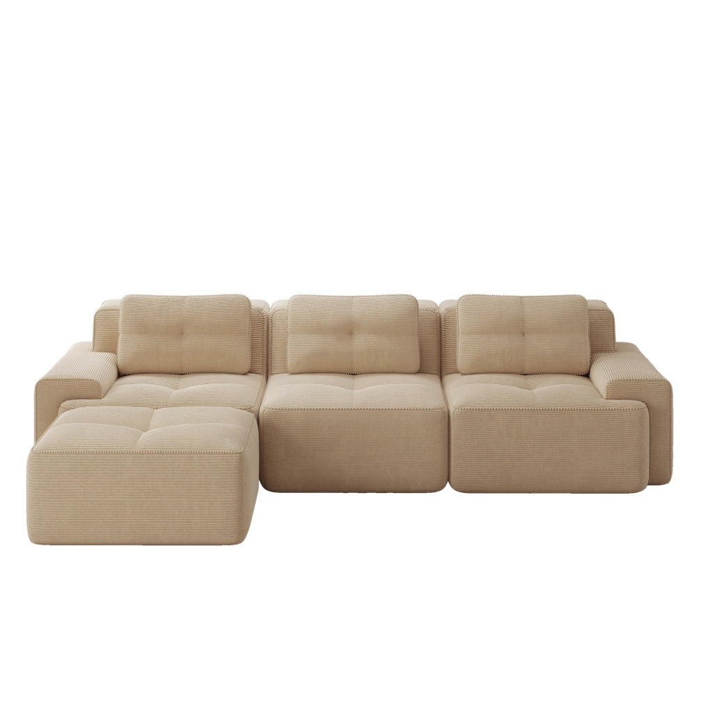 Divano modulare a L Cloud 3 posti in velluto beige con pouf, senza montaggio
