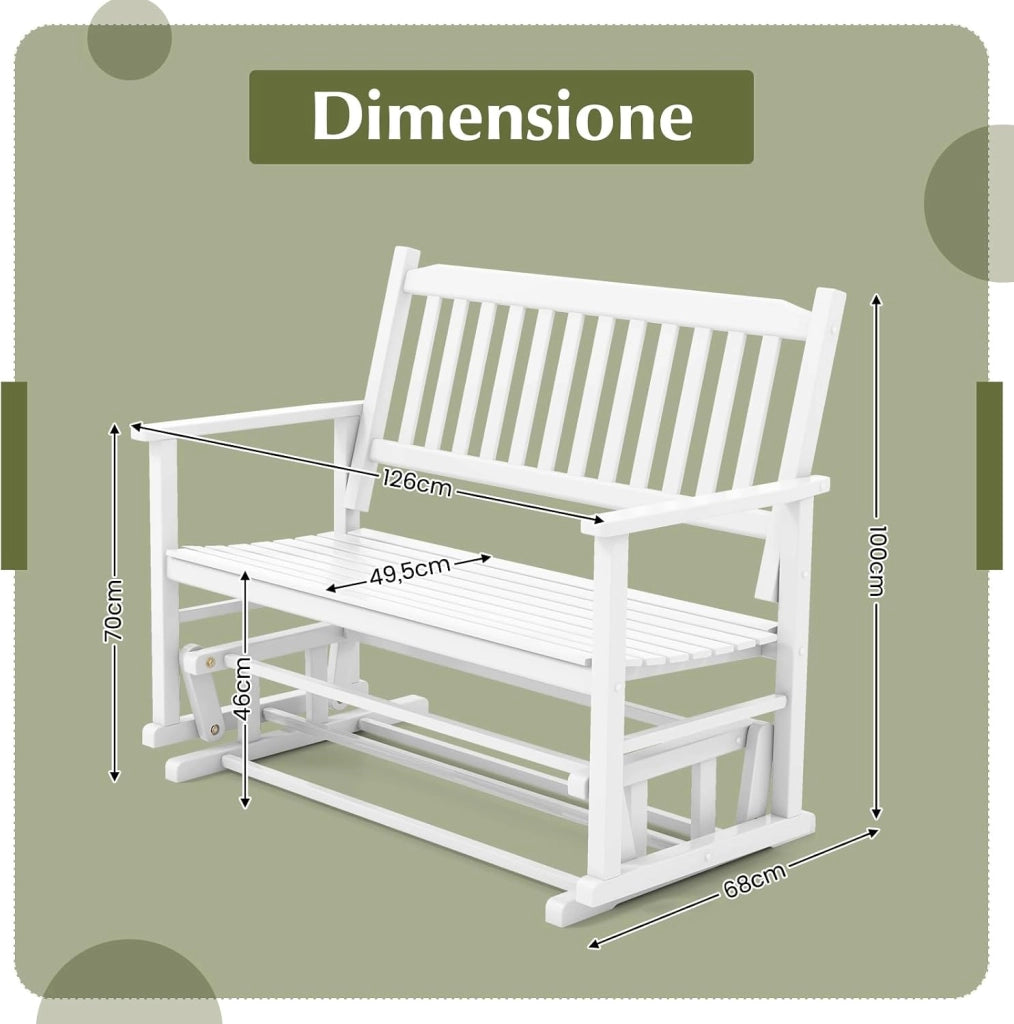Panca a Dondolo a 2 Posti con Sicuro e Delicato Movimento Oscillante, Telaio in Legno Massello, Sedia a Dondolo per Giardino con Capacità di carico 225 kg, 126 x 68 x 100 cm, Bianco