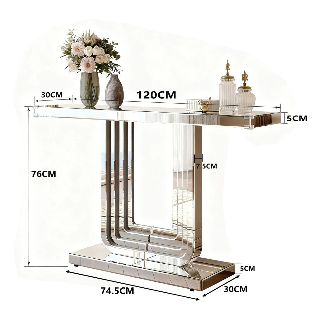 Consolle Moderna ¨C Minimal ¨C 120cm effetto specchio argento, base a U, resistente ai graffi
