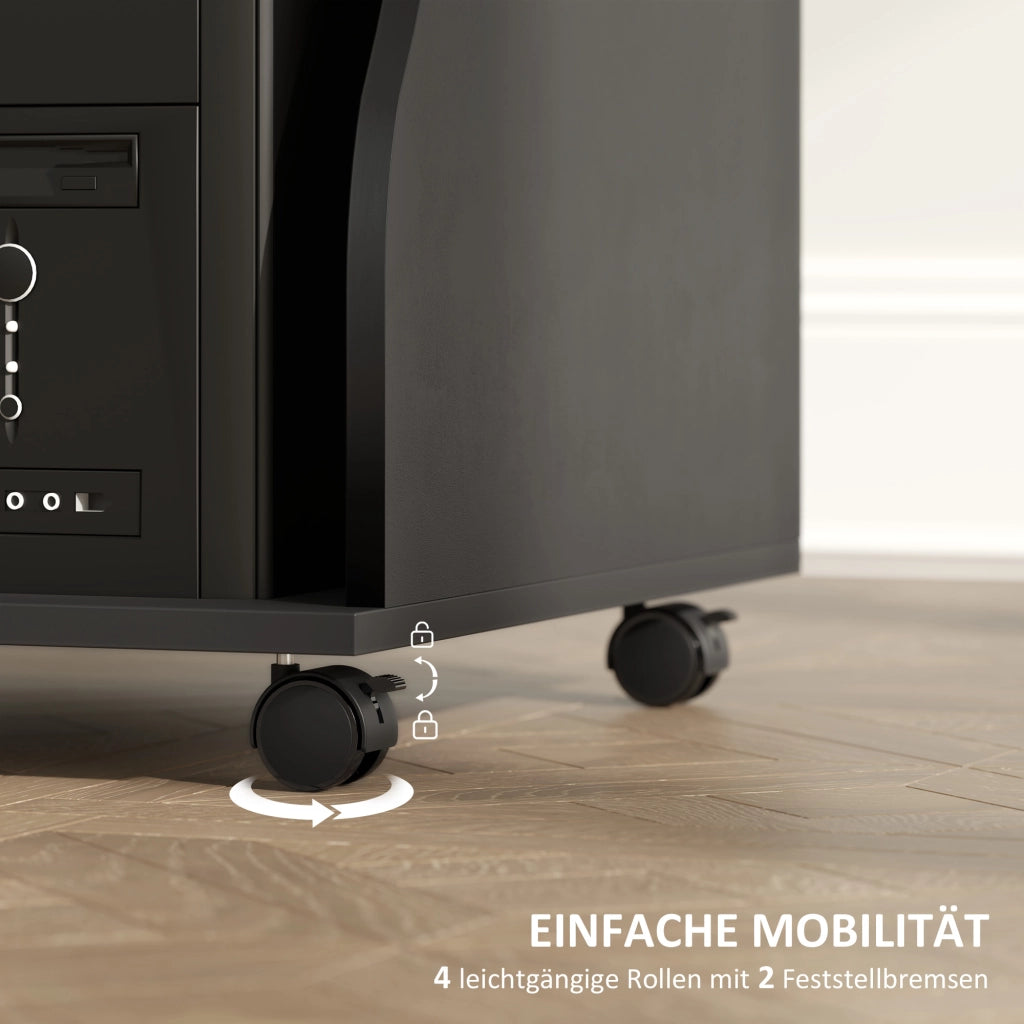 Scrivania lineare con ruote e vassoio tastiera per ufficio e piccoli spazi in legno nero 80 × 48 × 75 cm