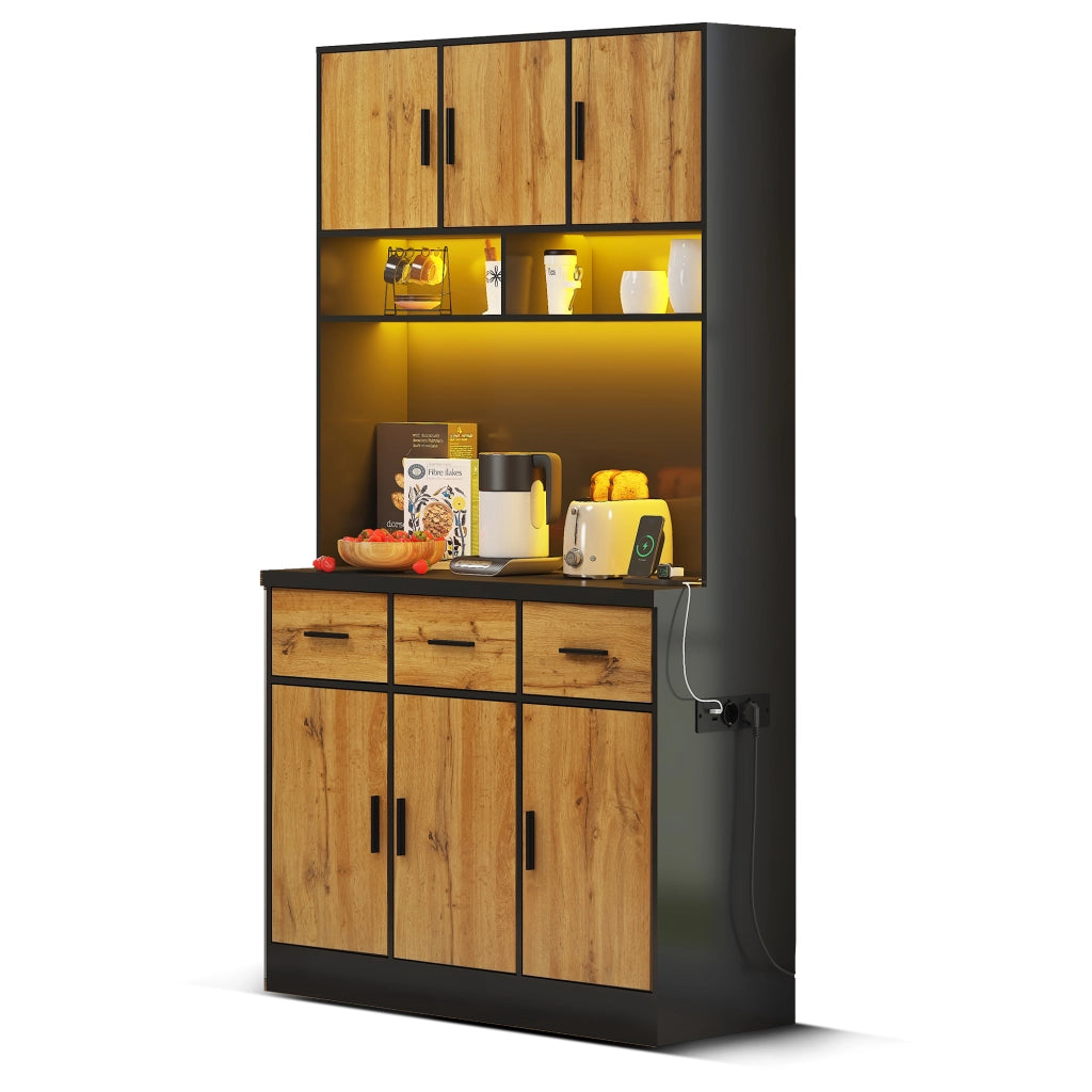 Credenza alta da cucina con 3 cassetti, 6 ante, ripiani regolabili, LED e prese USB, 100 × 40 × 180 cm