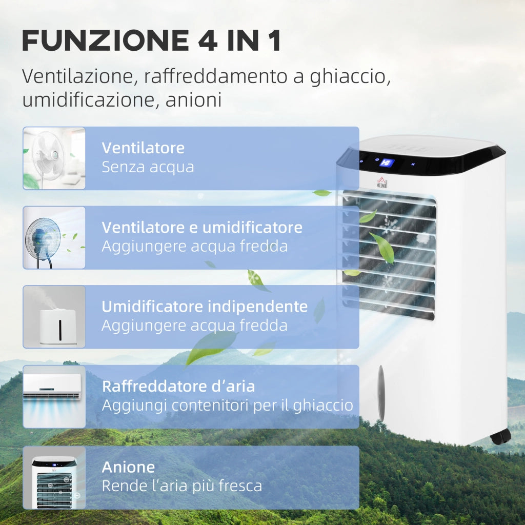Raffrescatore 4 in 1 da 10L con Umidificatore, Timer 8h e Telecomando, 38.2x31.6x76 cm, in ABS, Bianco e Nero