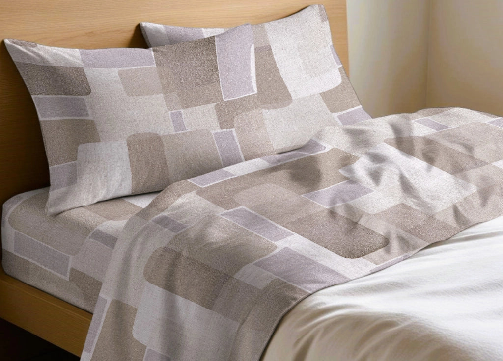 Completo Lenzuola Letto In 100% Cotone Made Italy Disegno Brick - Singolo - Beige