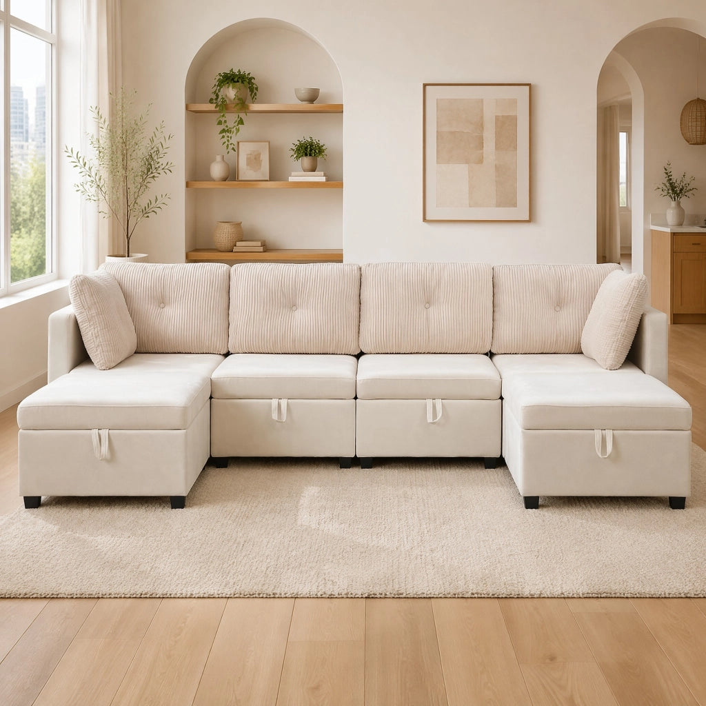 Divano modulare a U 6 posti con contenitore e cuscini, in velluto e cordino Beige