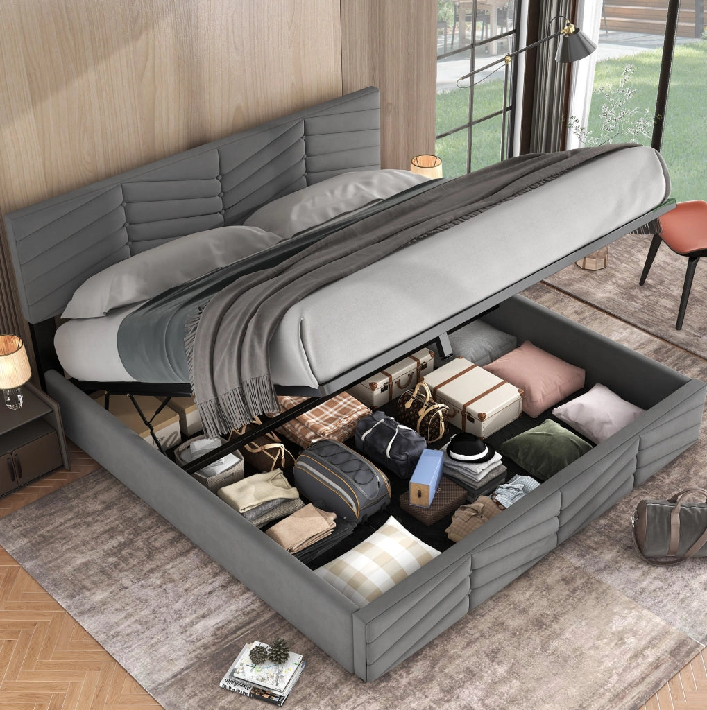 Letto matrimoniale 160x200 cm in velluto grigio con contenitore e testiera regolabile