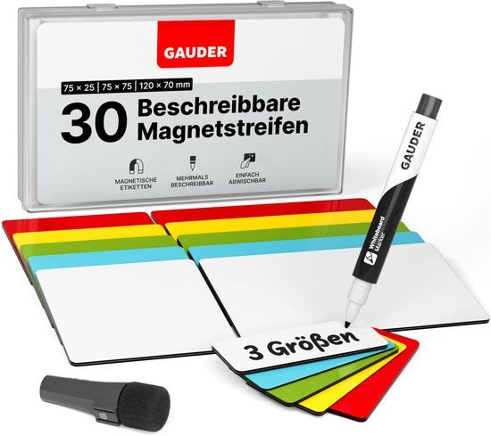 Etichette magnetiche descrittive - piastre magnetiche riutilizzabili per lavagne, lavagne scolastiche, lavagne Kanban e frigoriferi - carte magnetiche con pennarelli (30 pezzi - 3 misure)
