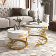 Tavolini da Caffè Impilabili Rotondi con 1 Cassetto; Piano Effetto Marmo; Stile Moderno; in MDF; Bianco; 70×70×45;5 cm