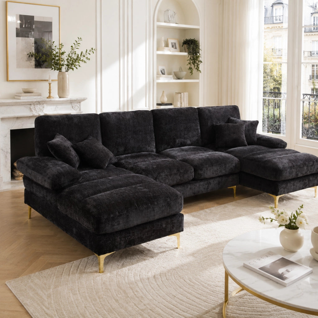 DIVANO SEZIONALE U 272x136x88 cm Chenille Nero