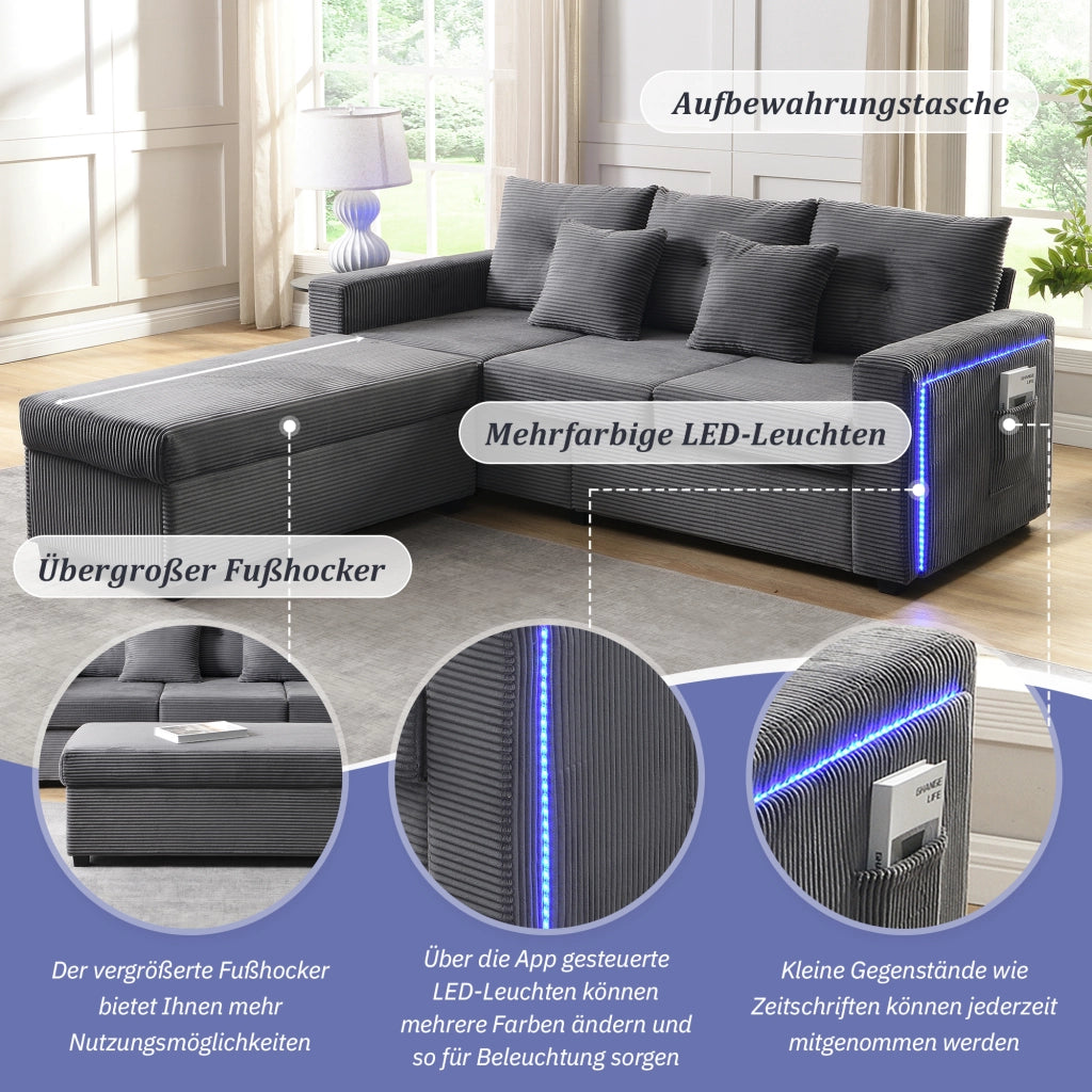 DIVANO modulare a L con pouf, LED, set 5 cuscini, corduroy grigio anticato