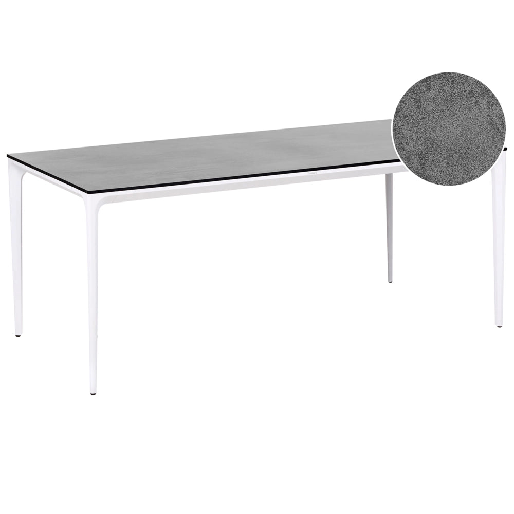Tavolo da pranzo da giardino Piano in HPL grigio scuro Telaio in alluminio bianco Resistente ai raggi UV all'acqua e alla ruggine Stile moderno del patio esterno