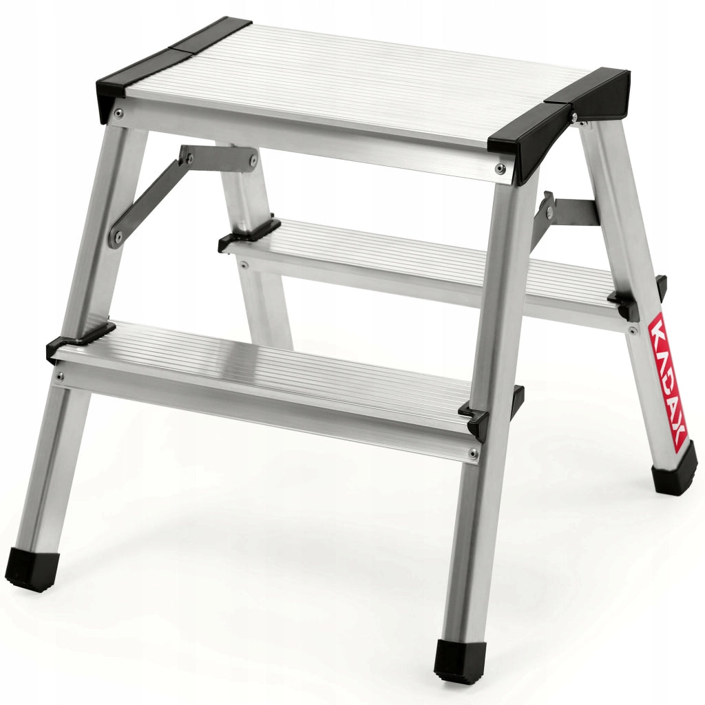 Scala a piattaforma in alluminio KADAX a 2 gradini, pieghevoli su entrambi i lati.