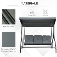 Dondolo da Giardino 3 Posti Convertibile in Lettino con Tettuccio Regolabile, Grigio Scuro