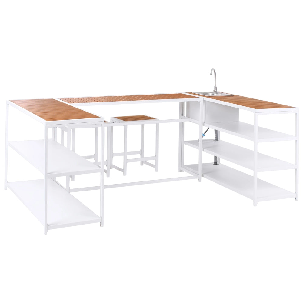 Set cucina da esterno con lavello 6 elementi acciaio bianco con tavolo bar a 2 posti cucina all'aperto stile moderno