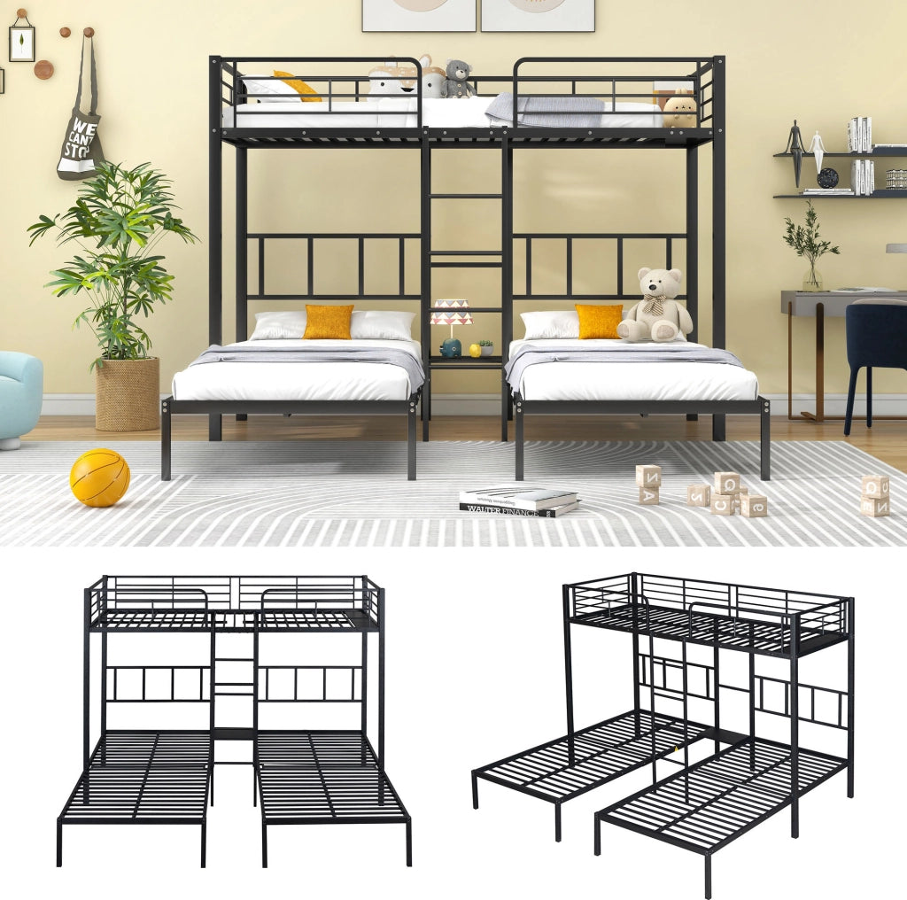 Letto a castello triplo in metallo nero 90x200 cm con scala e tavolo