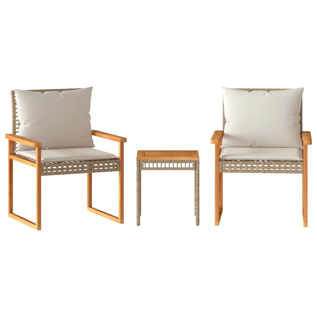 Set da BistrÃ² 3 pz con Cuscini Beige Misto Polyrattan e Acacia