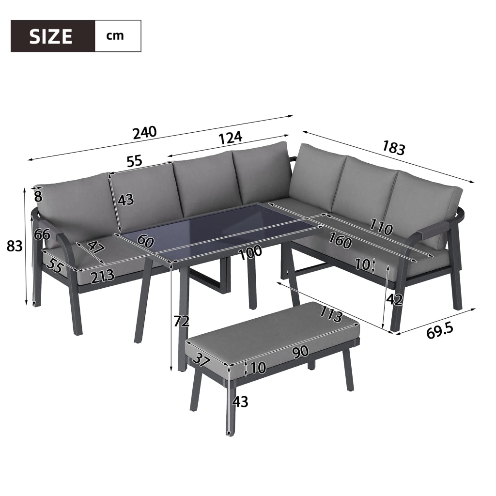 Set da Giardino con Divano Angolare, Tavolo e Panca ¨C MINIMAL ¨C Polyrattan Grigio, 8 Posti