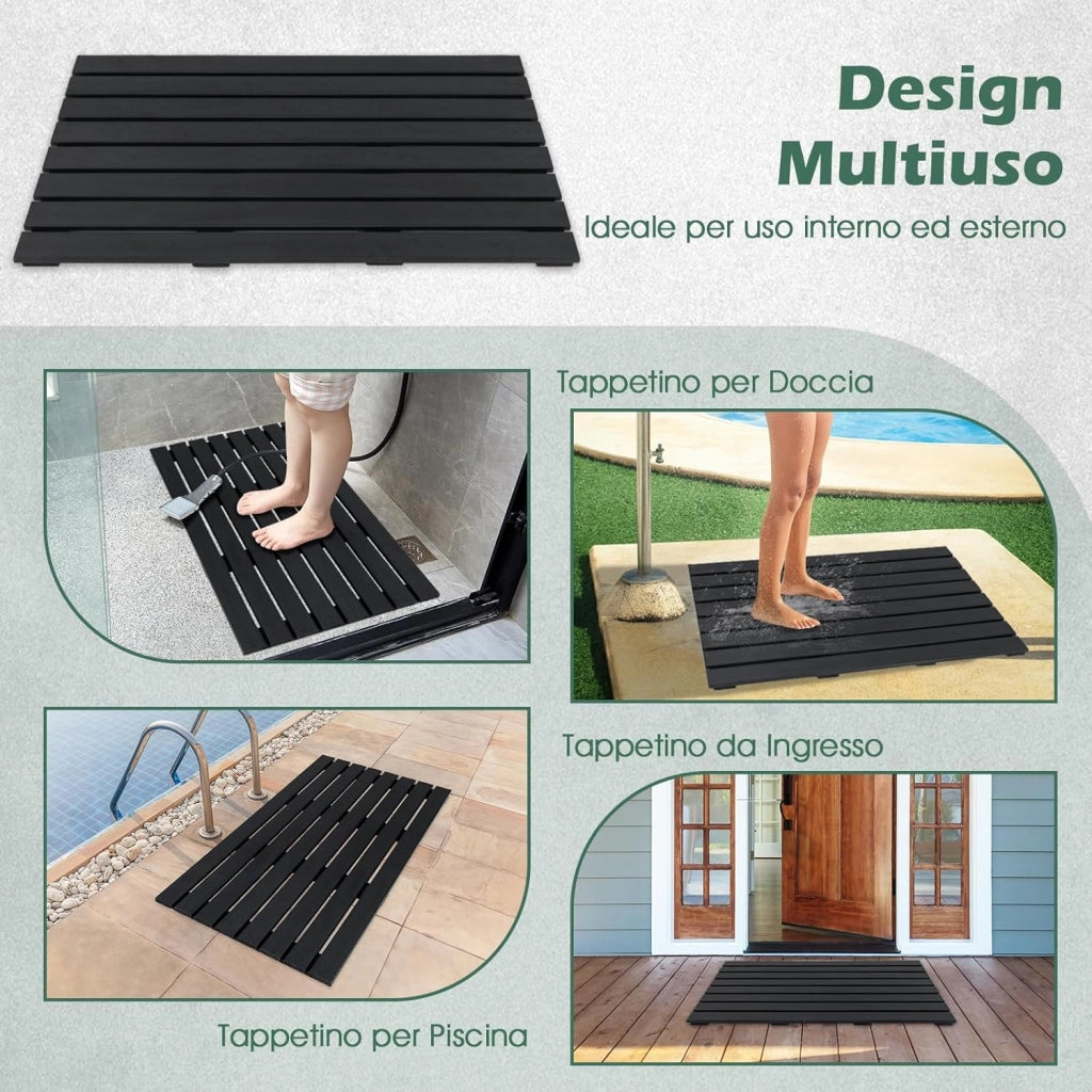 Pedana Doccia in WPC Antiscivolo 100 x 60 cm, Pedana da Bagno Finitura Effetto Legno, Tappetino da Doccia Rettangolare per Vasca e Piscina, da Interno ed Esterno, Nero