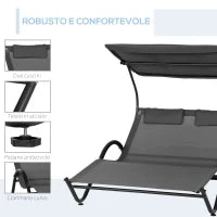 Lettino Prendisole Reclinabile a 2 Posti con Ruote, Poggiatesta Imbottito e Tetto, 200x137x138 cm, Grigio