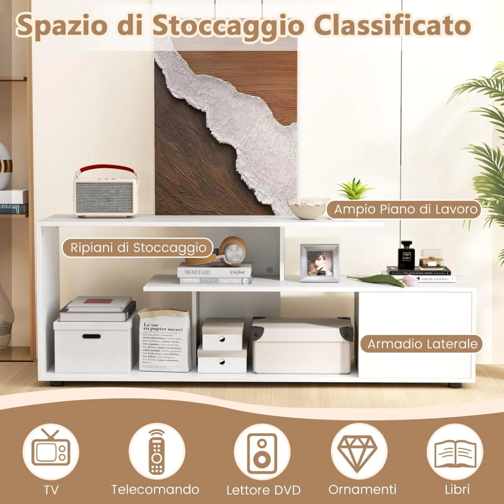 Mobile Porta TV, per TV Fino a 55'', Console Media a 3 Ripiani Asimmetrici con Ripiani di Stoccaggio e Armadietto, Mobile TV con Cassetto, 5 Gambe di Supporto (Bianco)