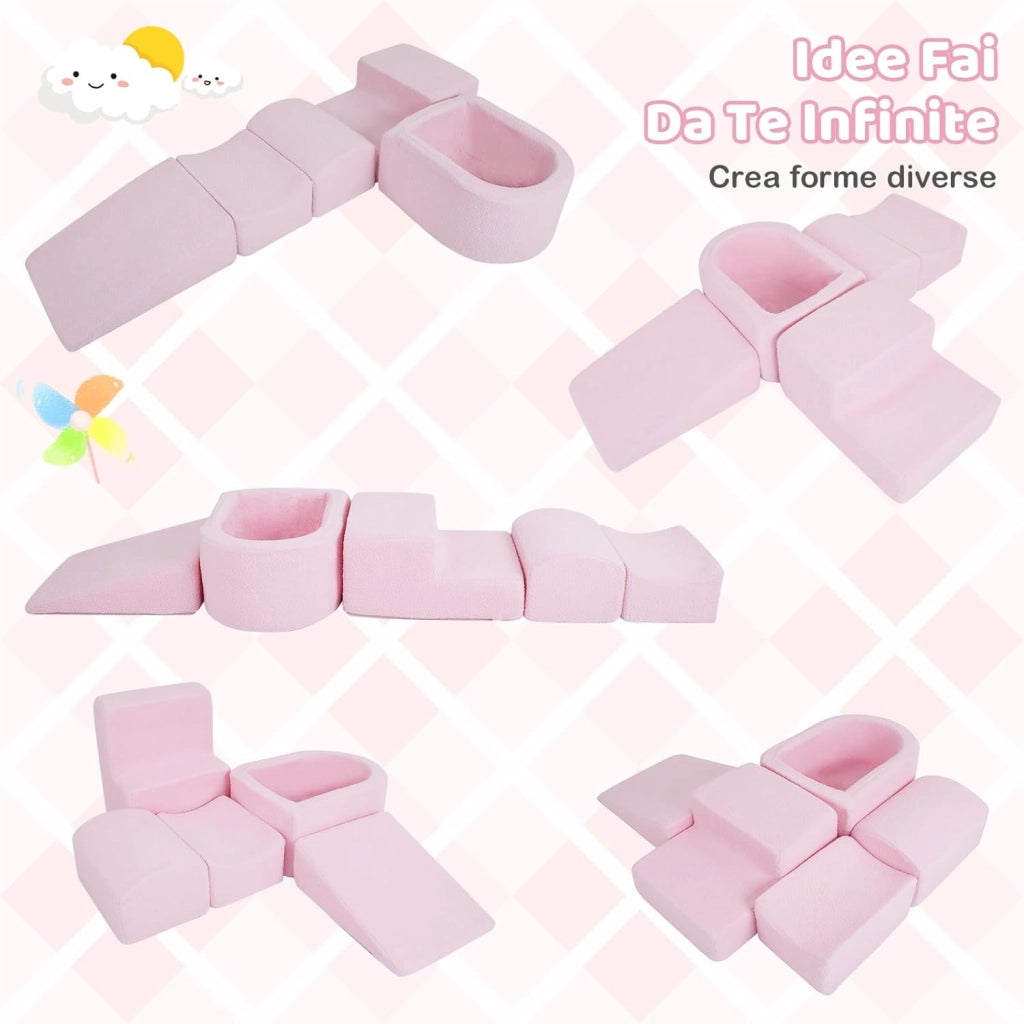 Blocchi da Arrampicata in Schiuma per Bambini, con Piscina di Palline, Set di 5 Pezzi per Arrampicata e Strisciamento, Set da Gioco da Interno per Bambini 3 Anni+ (Rosa,Sherpa)