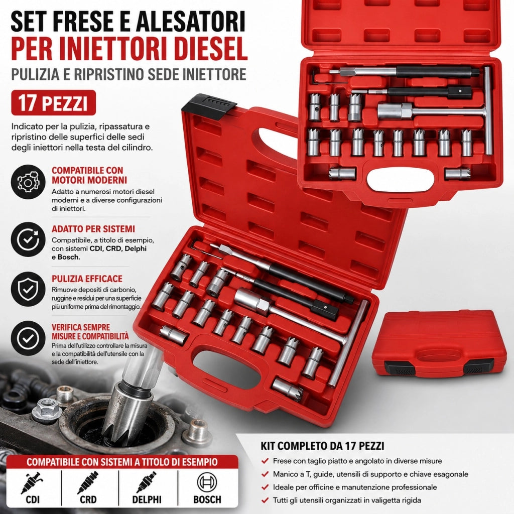 Set 17 Alesatori Frese Pulizia Sede Iniettori Diesel Auto Motore