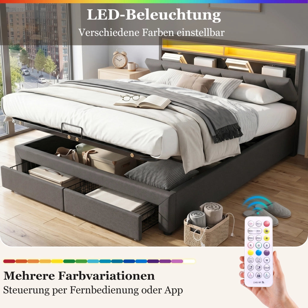 LETTO imbottito 180x200 cm in lino grigio scuro con illuminazione LED