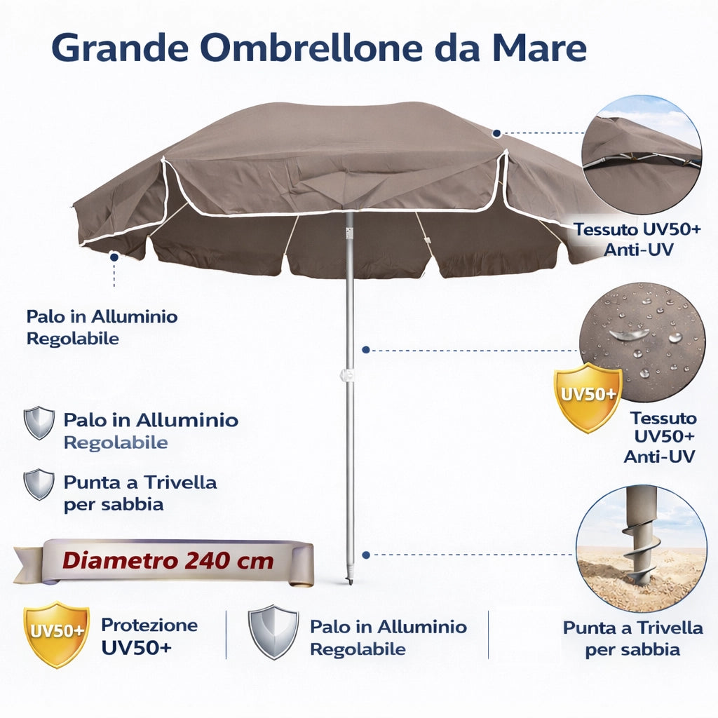 Ombrellone Mare Spiaggia 240 cm Antivento Alluminio UV50+ Inclinabile con Custodia e Trivella