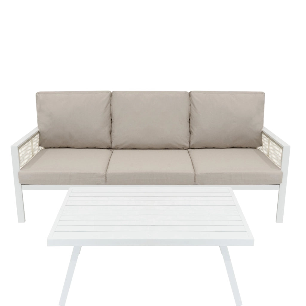 Set Mobili da Giardino 4pz Alluminio Bianco con Cassapanca Rattan Nera 582L
