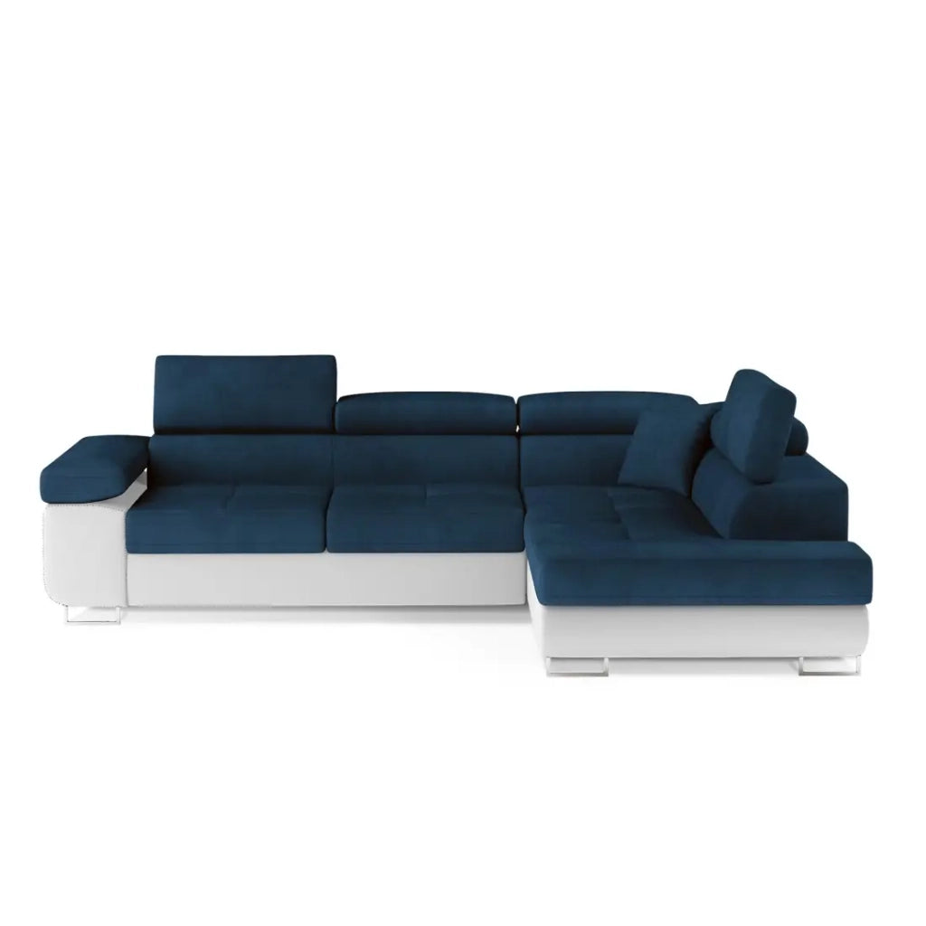 Divano angolare trasformabile MENTON blu scuro e bianco bouclé - Angolo destro con contenitore