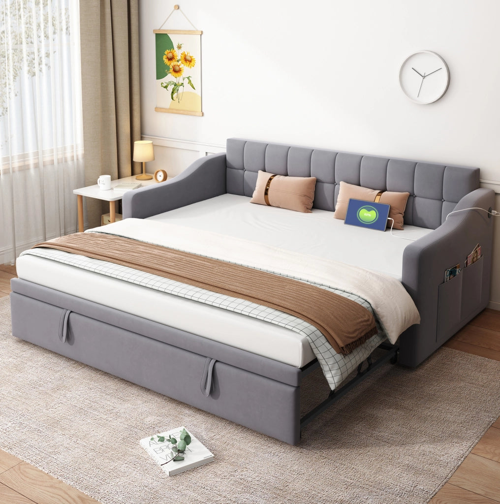 Divano letto imbottito estraibile 90x190 cm in velluto grigio con porte USB